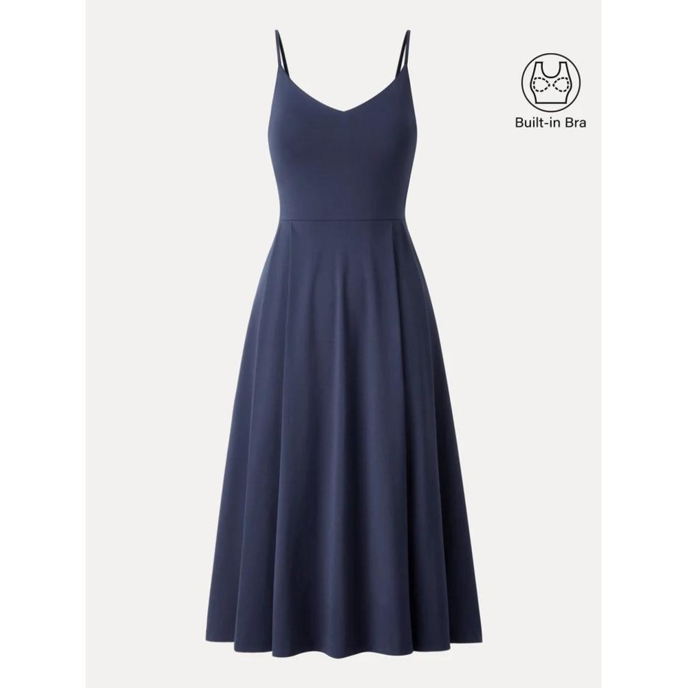 OGL NWT Dress Sleeveless XS Navy Midi Vneck Builtin Bra Sustainable Modern - Picture 4 of 4